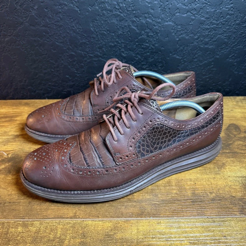 Cole‎ Haan Lunargrand C12651 Brown Leather Croc Wingtip Oxford Mens 10M